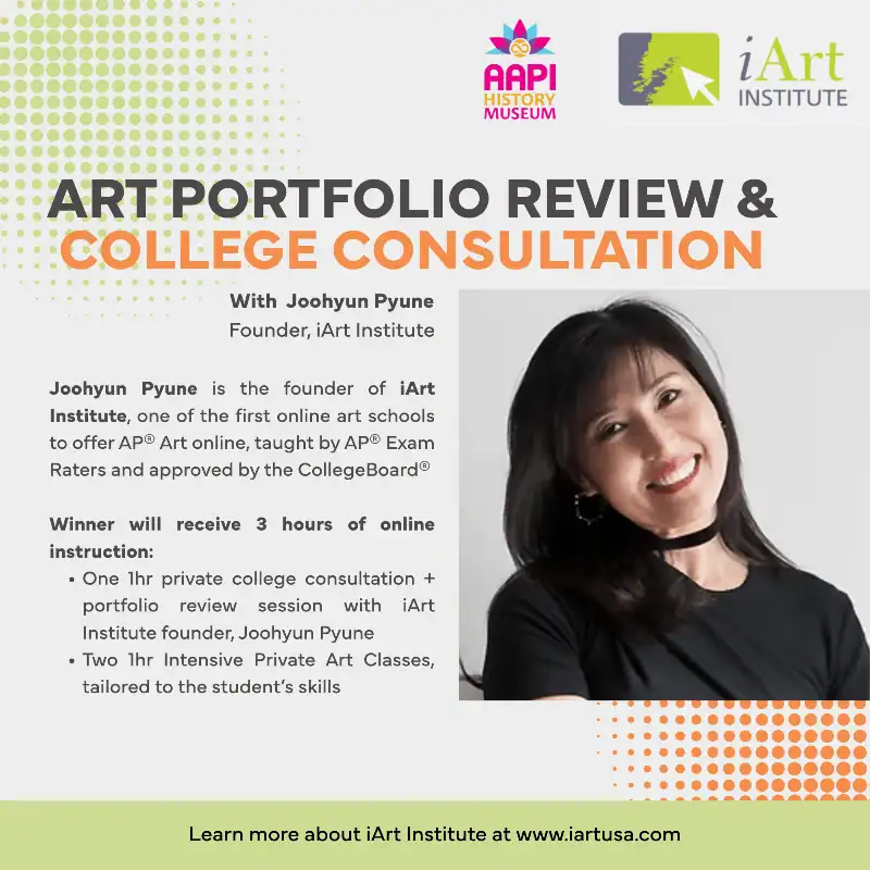 Silent auction art event at AAPI History Museum, showcasing Asian American art.